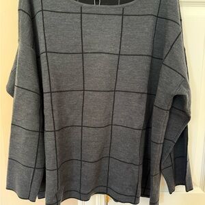 Eileen Fisher Gray Plaid Crew Neck Sweater